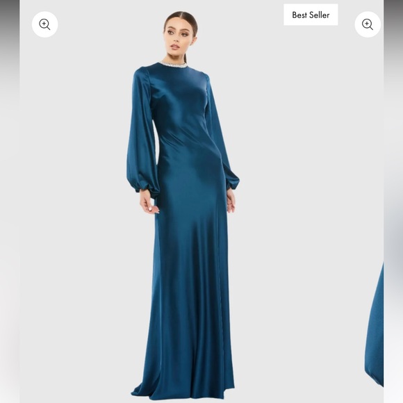 Mac Duggal Dresses & Skirts - Mac Duggal Blue Beaded High Neck Bishop Sleeve Satin Gown